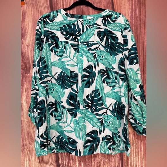 Coral Bay green teal white Monstera leaf print linen blend 3/4 sleeve blouse L - Picture 12 of 17